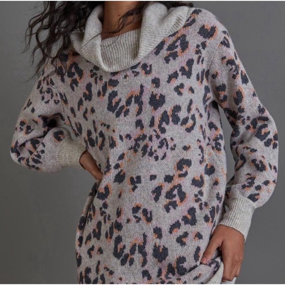 Anthropologie Emmy Cowl Neck Tunic Sweater Leopard Print Beige Pink Orange Sz M - Picture 2 of 10